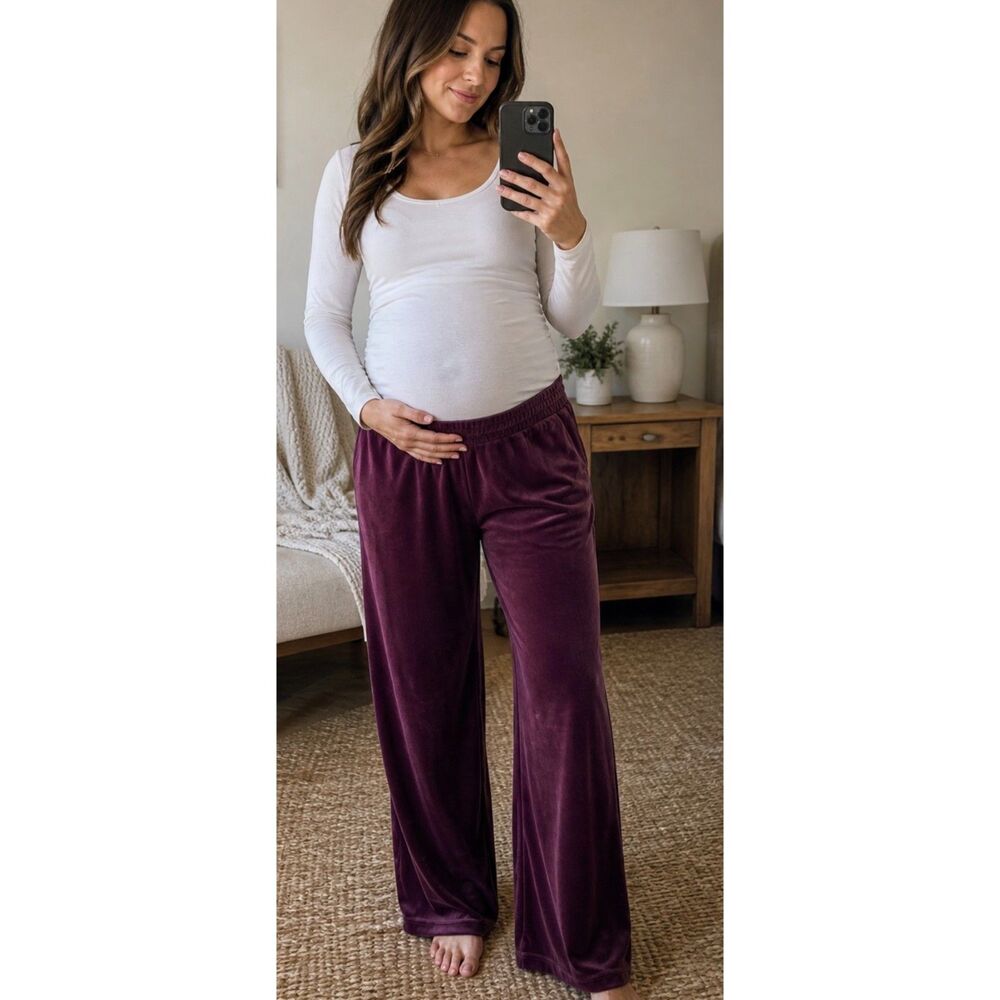 Lark + Grey Maternity Velvet Burgundy Pants Wide Leg Stretch Comfy Lounge Soft M